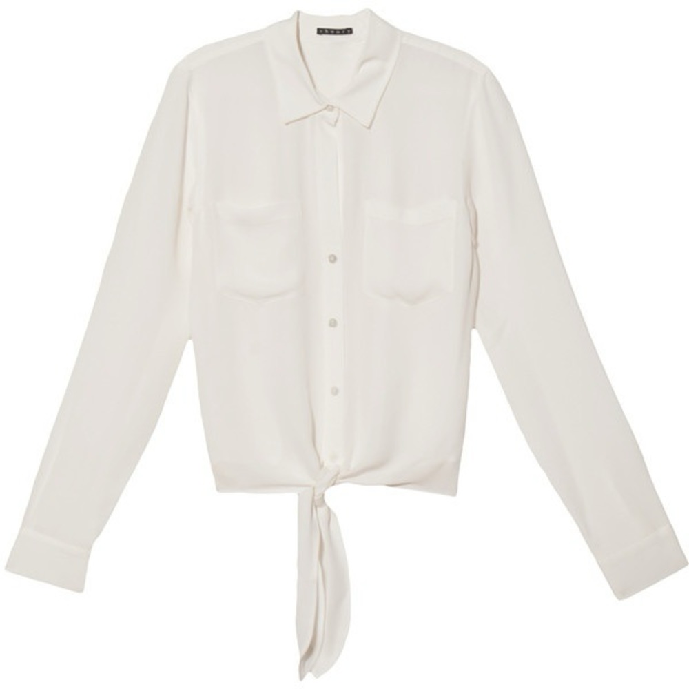 Theory Orencia Tie Front Silk Blouse in Cream